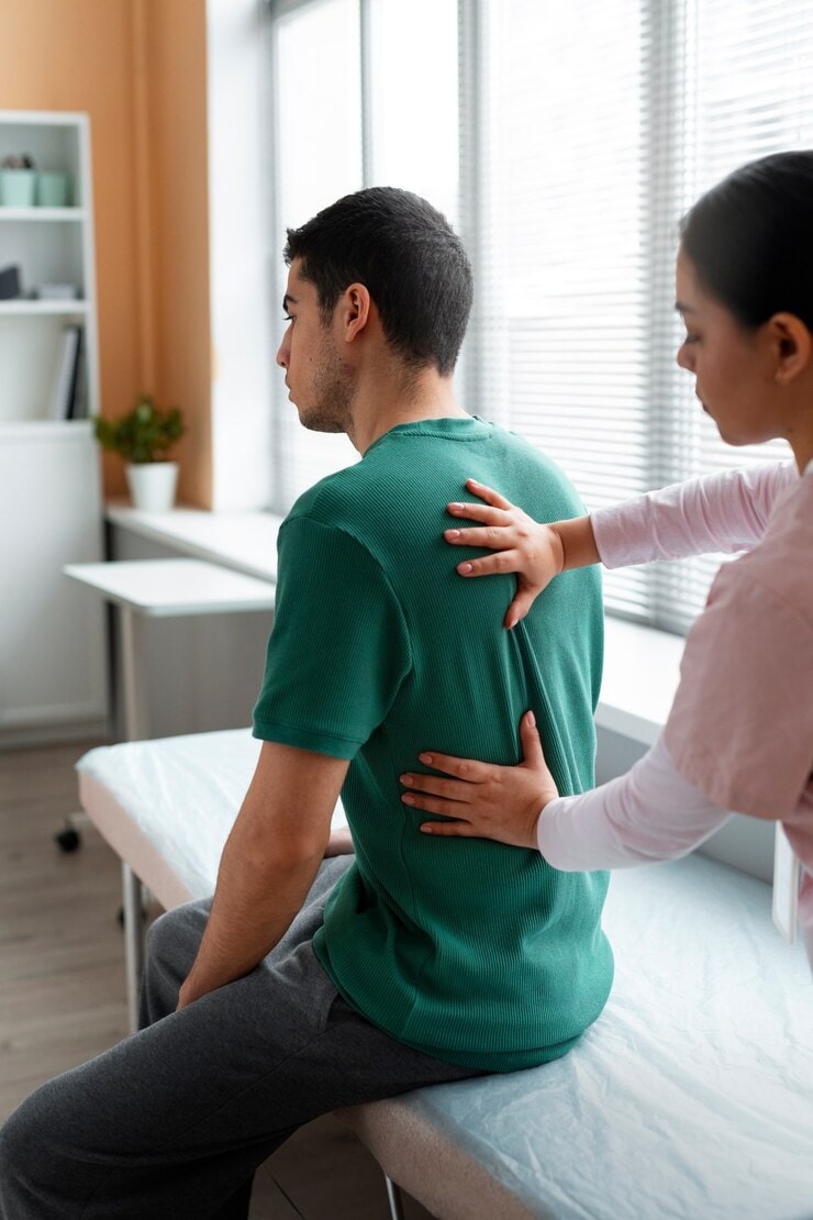 Chiropractor examining patient’s spine for back pain treatment at Blair Chiropractic & Massage Therapy in Barrie